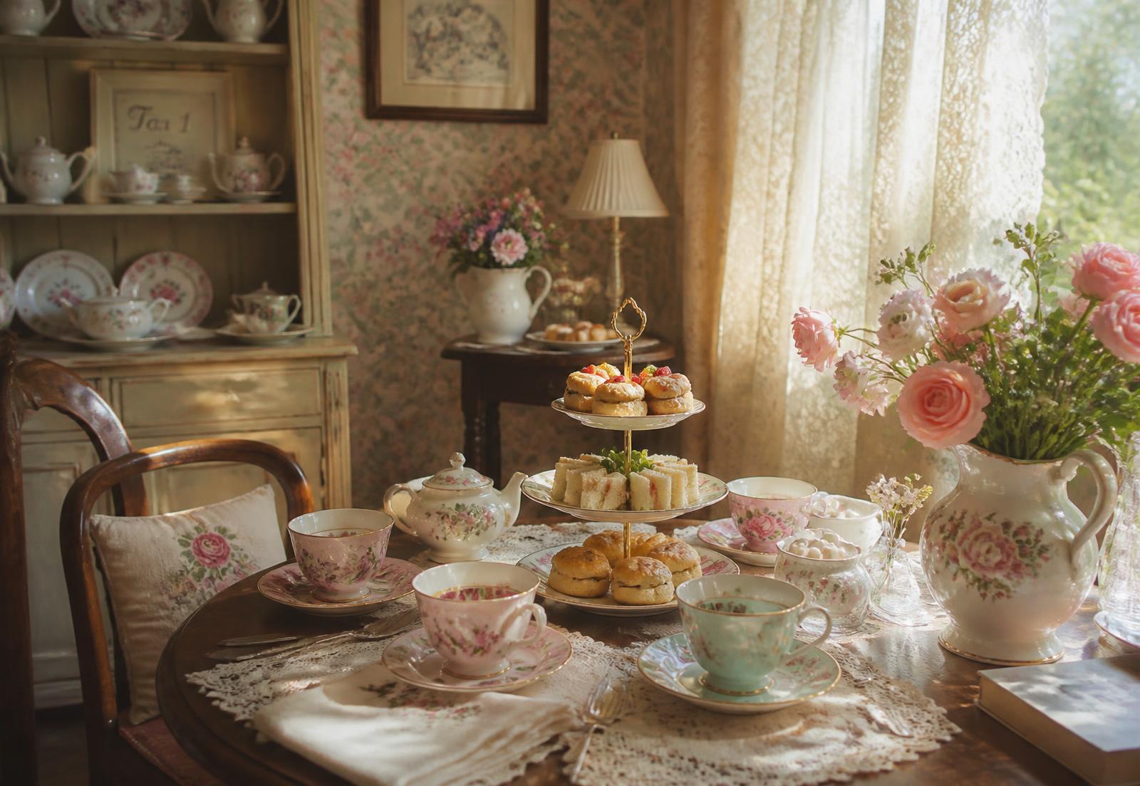 Sunlit tea table set with a tiered tray of scones and sandwiches, floral teacups and a pitcher of pink roses.