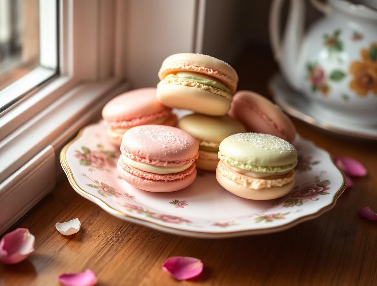 Assorted colorful macarons on a vintage floral plate.